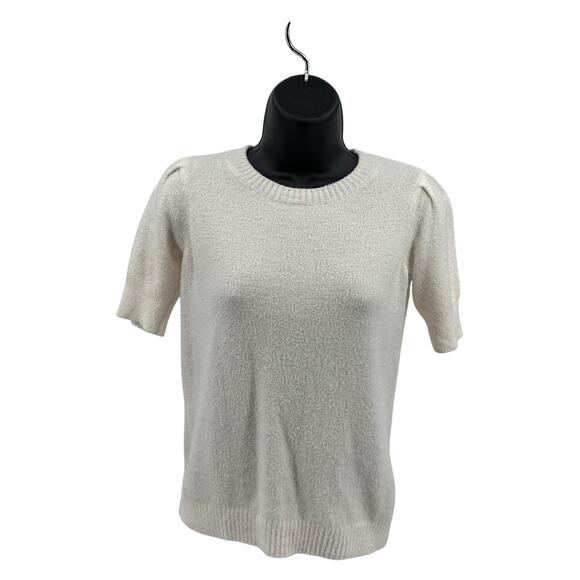 Rachel Zoe Short Sleeve Sweater Top WMN XS White Pleated Shoulder Crew Neck Soft - Picture 1 of 6